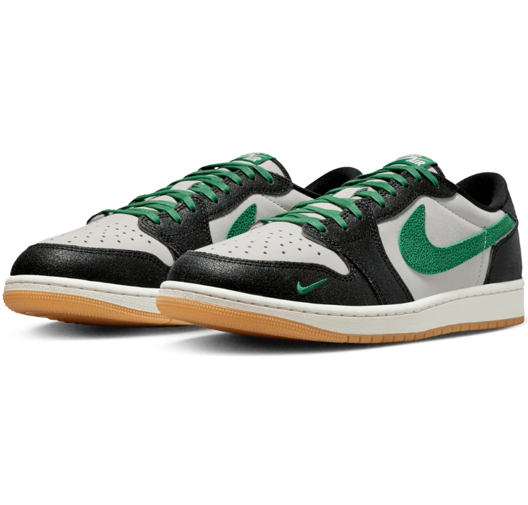 Air Jordan Low-Top Sneakers – Black & White with Green Accents and Gum Sole