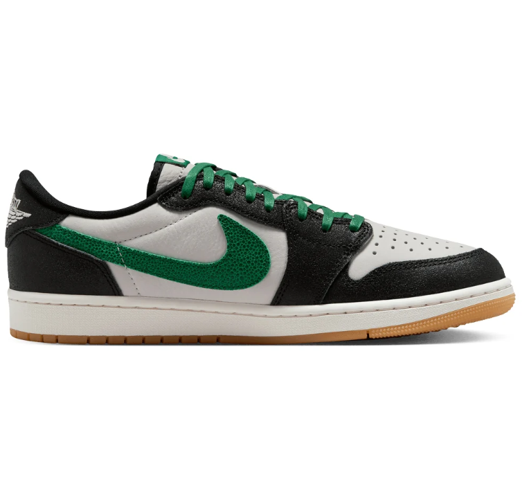Air Jordan Low-Top Sneakers – Black & White with Green Accents and Gum Sole