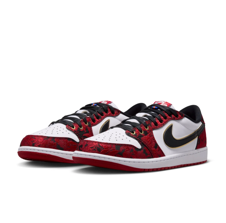 Air Jordan Low-Top Sneakers – Red Floral, White & Black with Gold Accents
