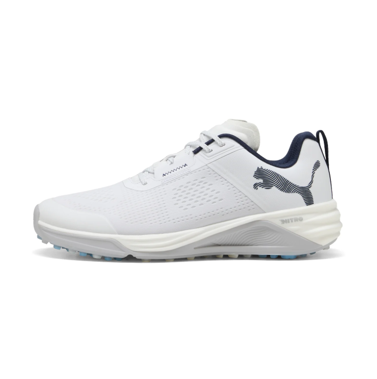 PUMA Low-Top Golf Shoes – White & Black with Blue Sole Accents