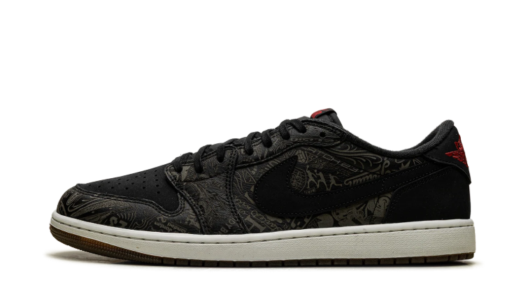 Air Jordan Low-Top Sneakers – Black & Olive Graphic with Red Accents