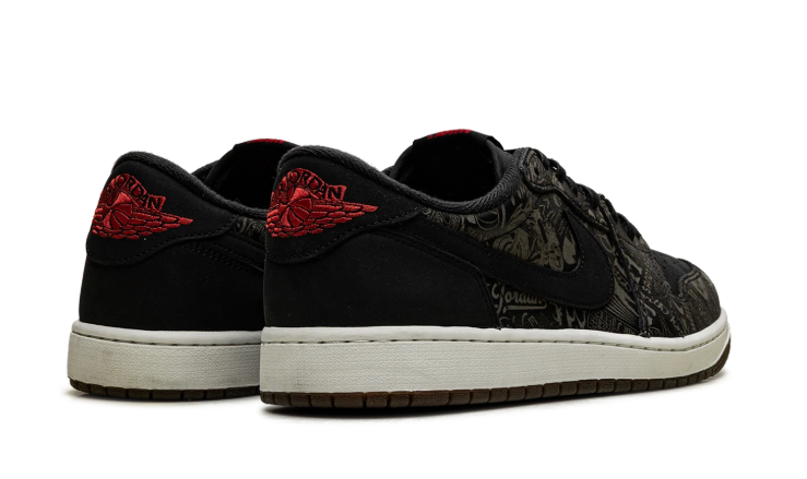 Air Jordan Low-Top Sneakers – Black & Olive Graphic with Red Accents