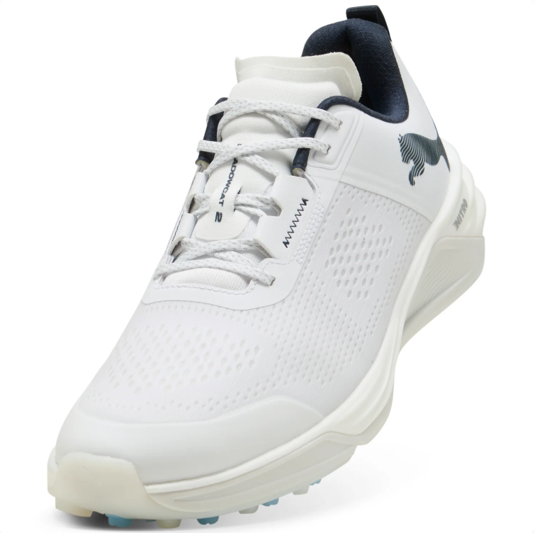 PUMA Low-Top Golf Shoes – White & Black with Blue Sole Accents