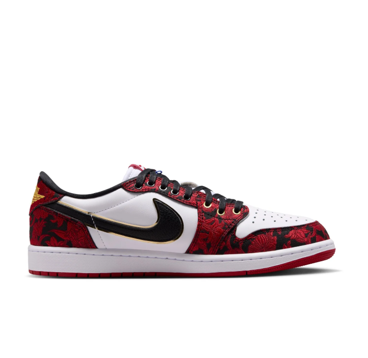Air Jordan Low-Top Sneakers – Red Floral, White & Black with Gold Accents