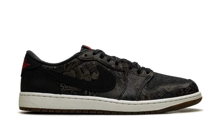 Air Jordan Low-Top Sneakers – Black & Olive Graphic with Red Accents