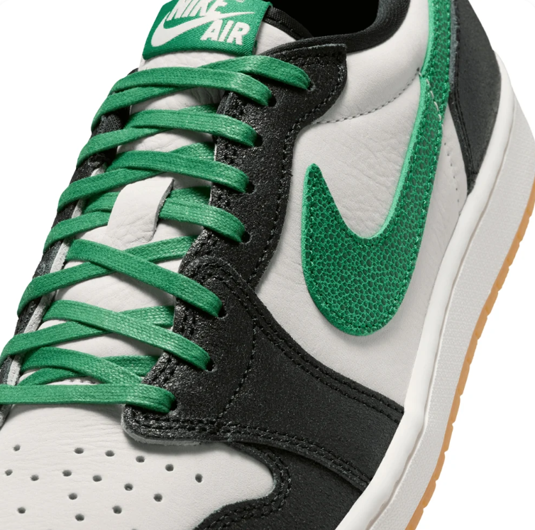 Air Jordan Low-Top Sneakers – Black & White with Green Accents and Gum Sole