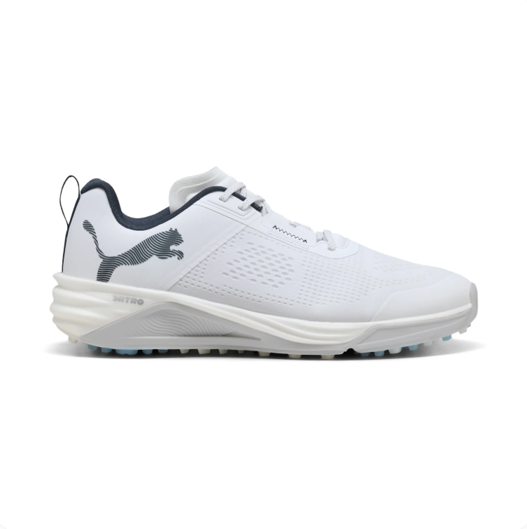 PUMA Low-Top Golf Shoes – White & Black with Blue Sole Accents