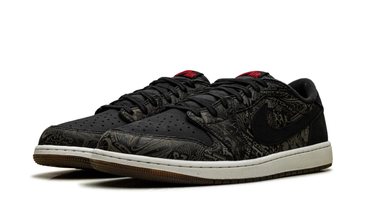 Air Jordan Low-Top Sneakers – Black & Olive Graphic with Red Accents