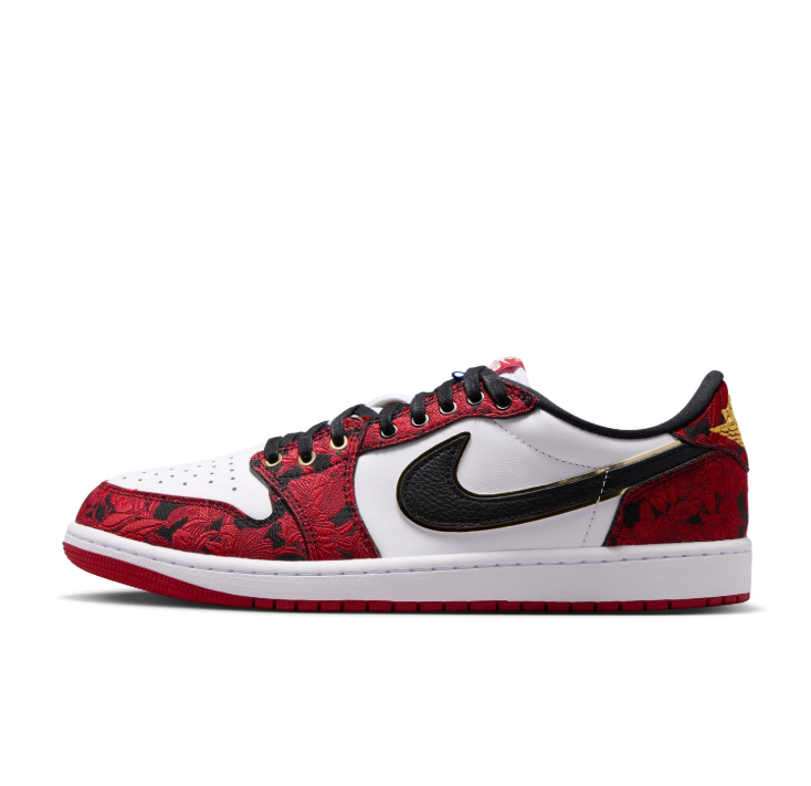 Air Jordan Low-Top Sneakers – Red Floral, White & Black with Gold Accents