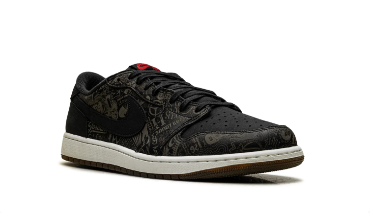Air Jordan Low-Top Sneakers – Black & Olive Graphic with Red Accents