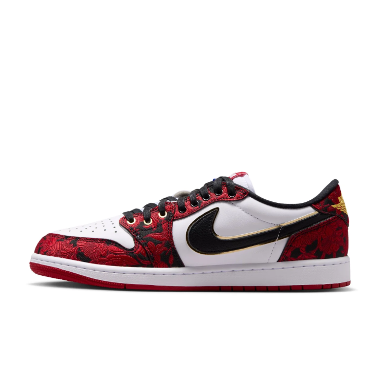 Air Jordan Low-Top Sneakers – Red Floral, White & Black with Gold Accents