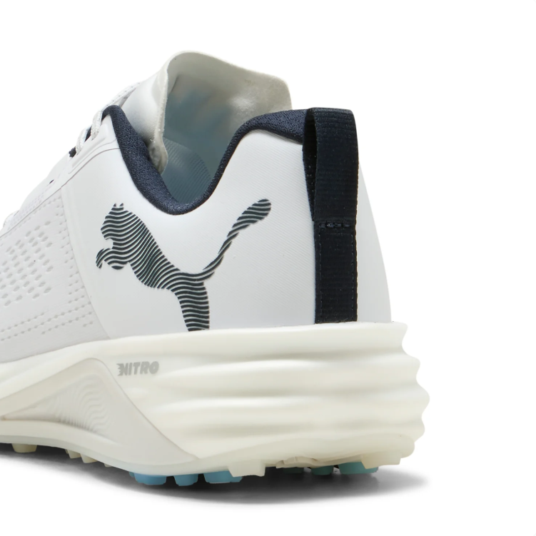 PUMA Low-Top Golf Shoes – White & Black with Blue Sole Accents