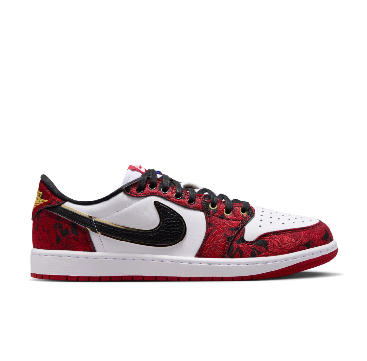 Air Jordan Low-Top Sneakers – Red Floral, White & Black with Gold Accents