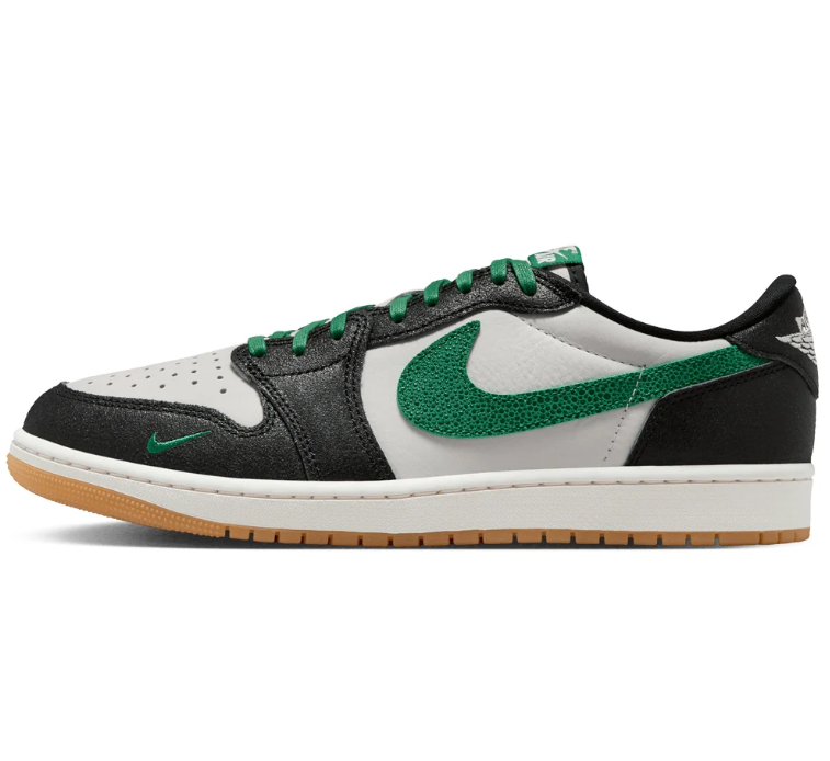 Air Jordan Low-Top Sneakers – Black & White with Green Accents and Gum Sole