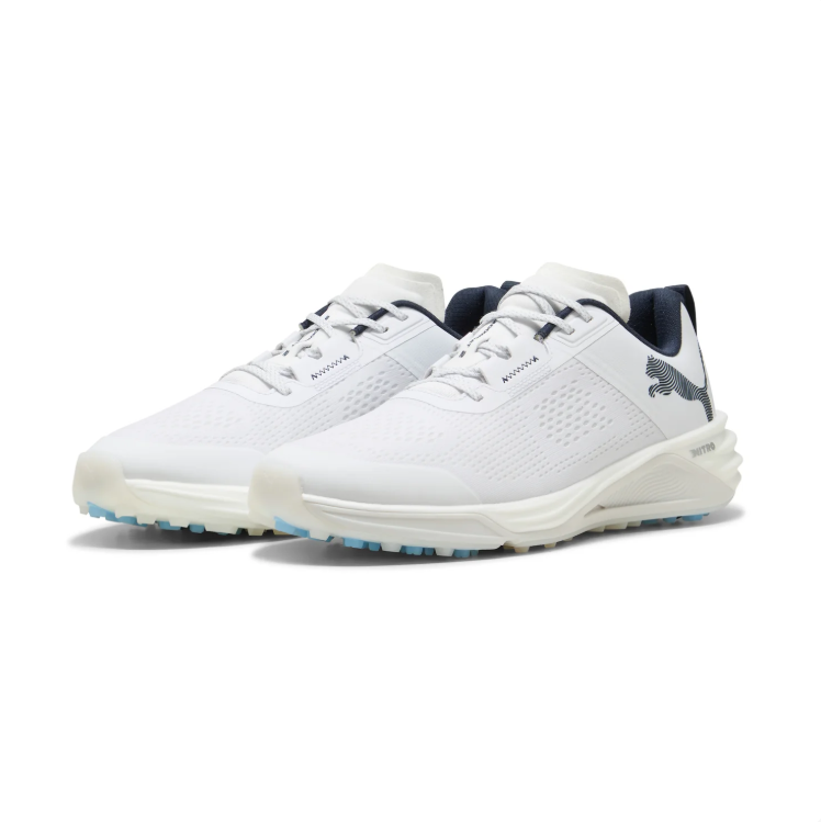 PUMA Low-Top Golf Shoes – White & Black with Blue Sole Accents