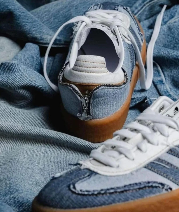 adidas Samba Denim-Look Sneakers – Blue Patchwork & Gum Sole