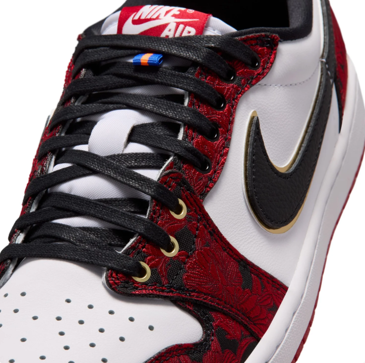 Air Jordan Low-Top Sneakers – Red Floral, White & Black with Gold Accents