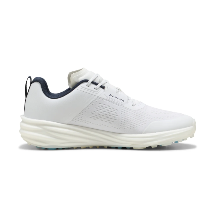 PUMA Low-Top Golf Shoes – White & Black with Blue Sole Accents