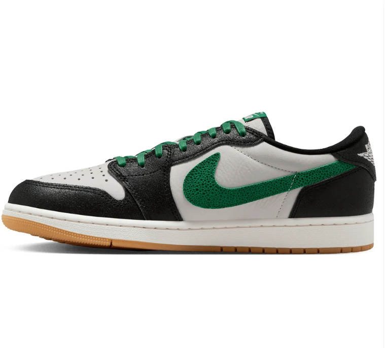 Air Jordan Low-Top Sneakers – Black & White with Green Accents and Gum Sole
