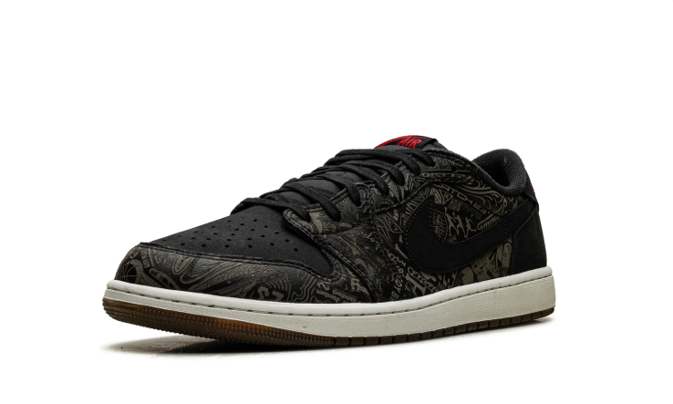 Air Jordan Low-Top Sneakers – Black & Olive Graphic with Red Accents